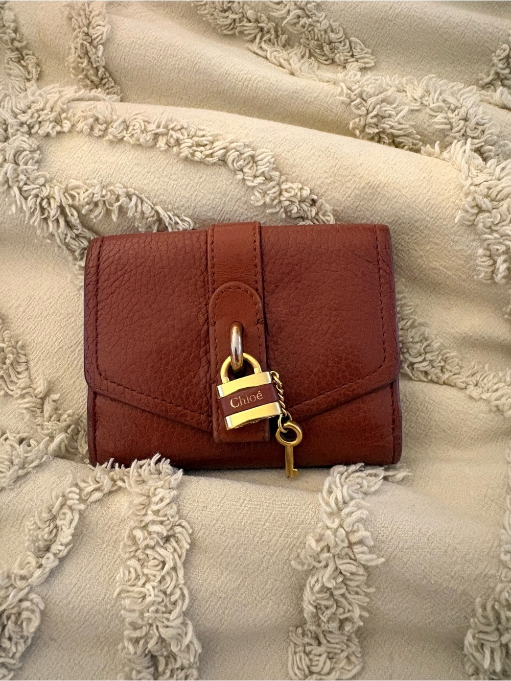 Chloé Brown Leather Wallet with Gold Padlock Charm
